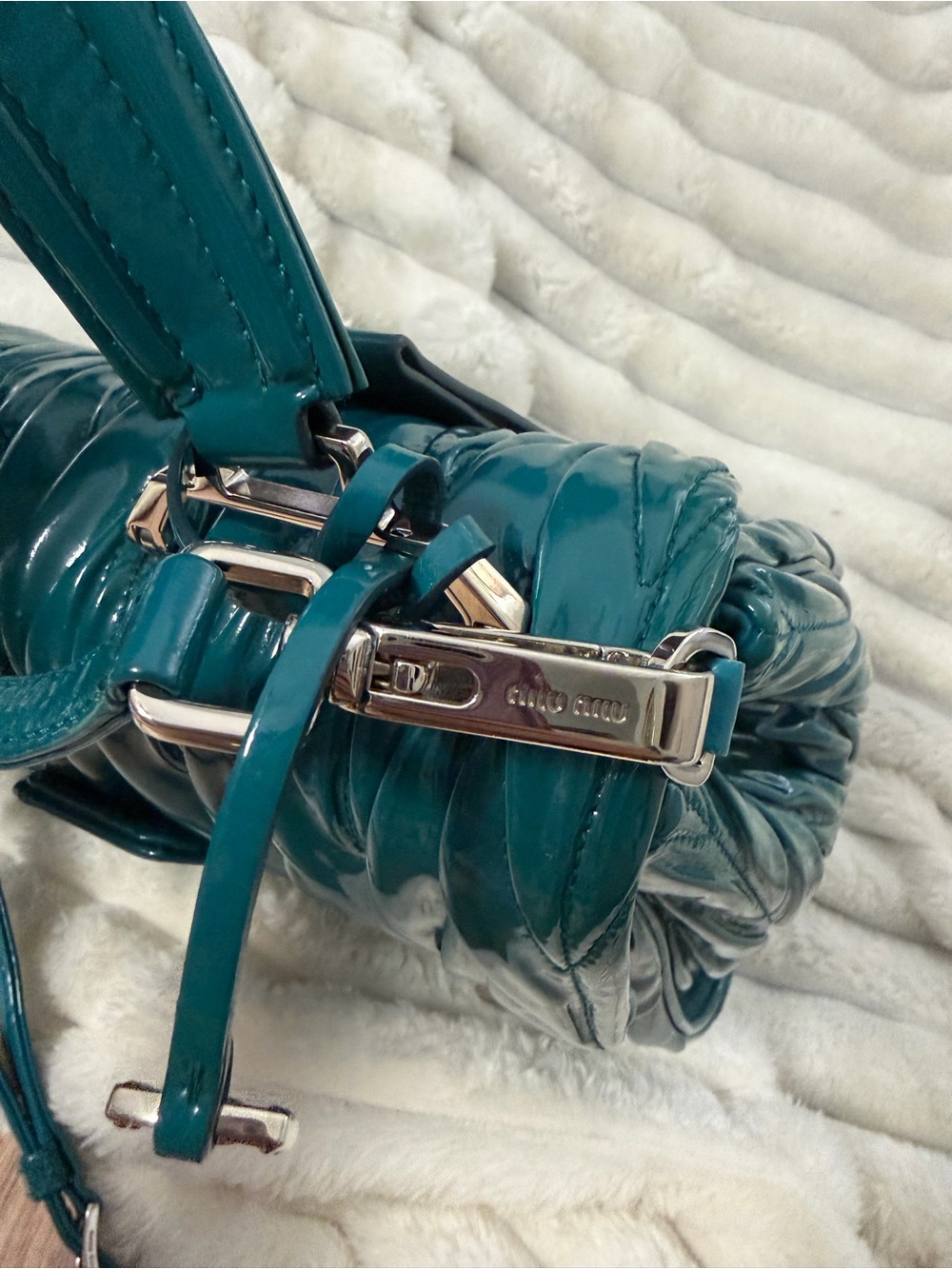 Miu Miu Teal Matelassé Patent Leather Top-Handle Bag - Picture 12 of 16